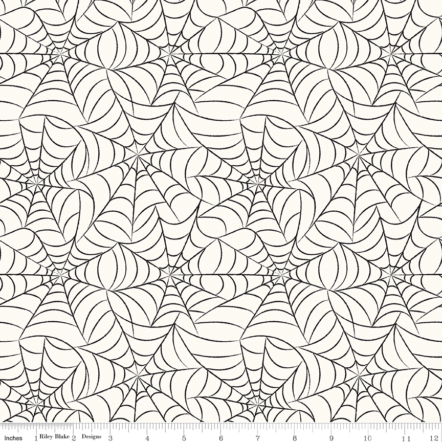 Frank and Friends Webs Cloud fabric with spiderweb pattern on light background