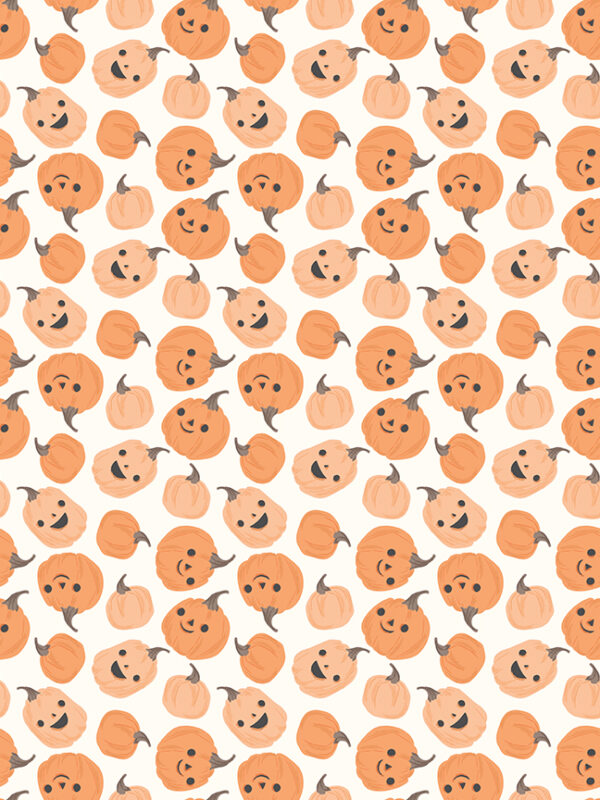 Frank and Friends Pumpkins Cloud fabric with smiling pumpkins on light background