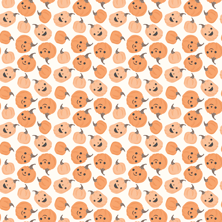 Frank and Friends Pumpkins Cloud fabric with smiling pumpkins on light background