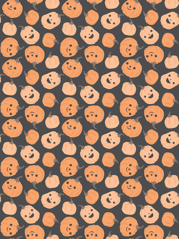 Frank and Friends Pumpkins Charcoal fabric with smiling pumpkins on dark background