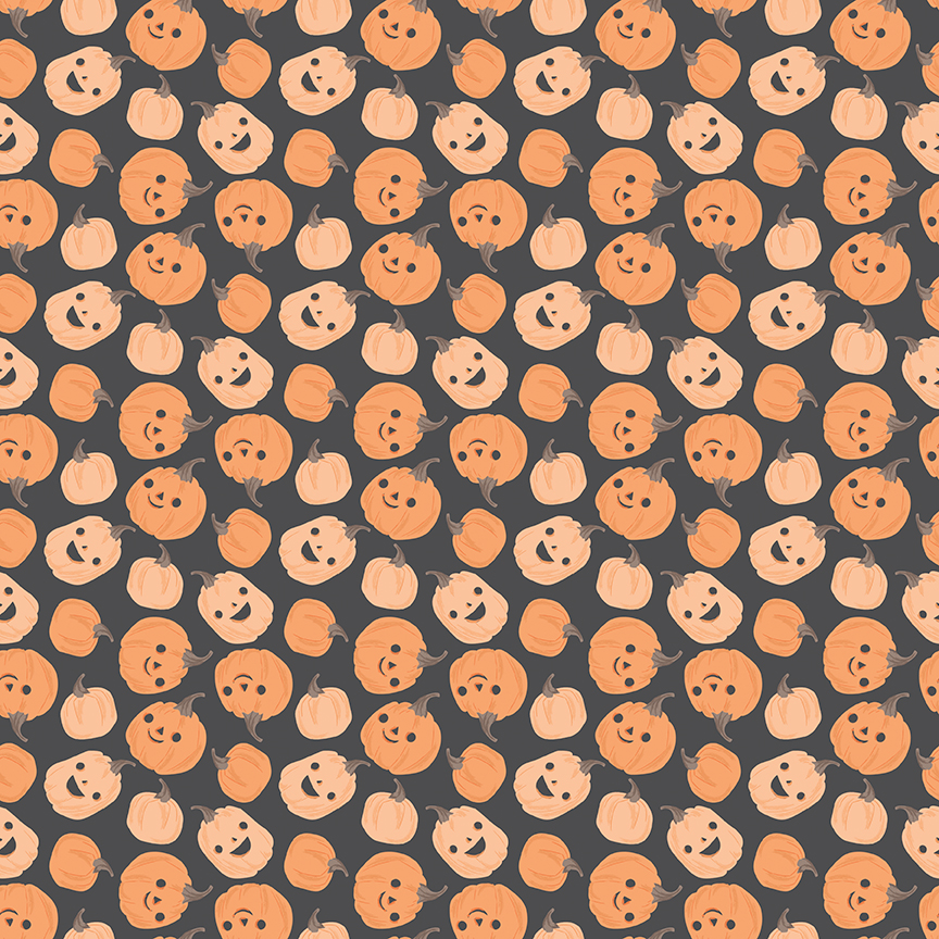 Frank and Friends Pumpkins Charcoal fabric with smiling pumpkins on dark background