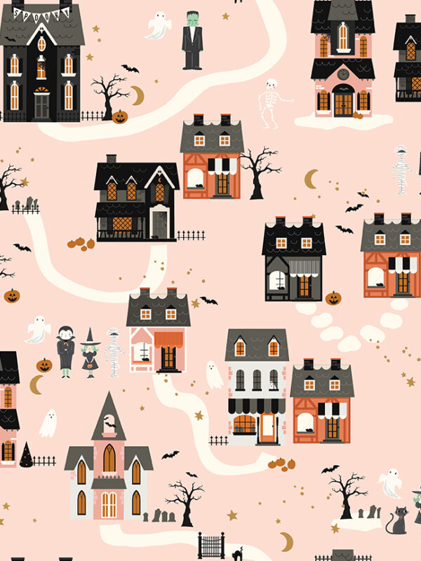 Frank and Friends Houses Pink fabric with Halloween village houses ghosts bats and pumpkins