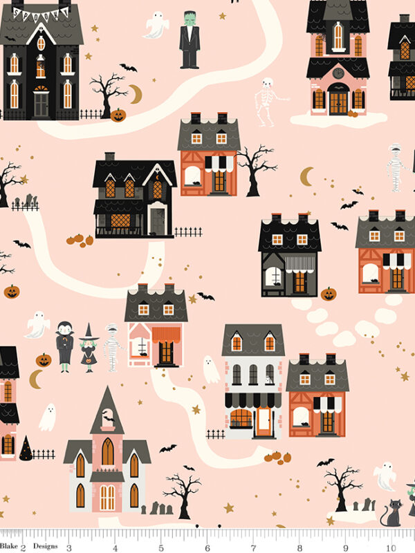 Frank and Friends Houses Pink fabric with Halloween village houses ghosts bats and pumpkins