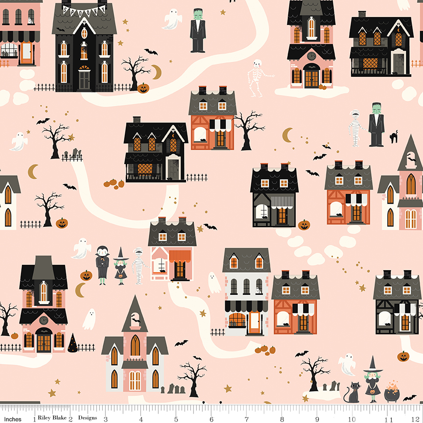 Frank and Friends Houses Pink fabric with Halloween village houses ghosts bats and pumpkins