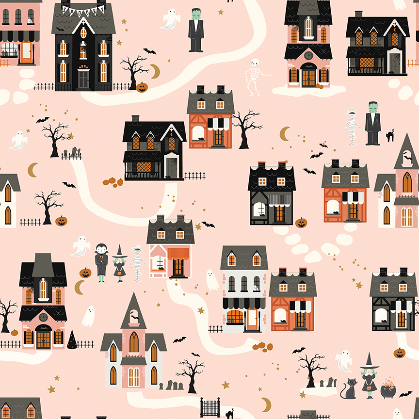Frank and Friends Houses Pink fabric with Halloween village houses ghosts bats and pumpkins