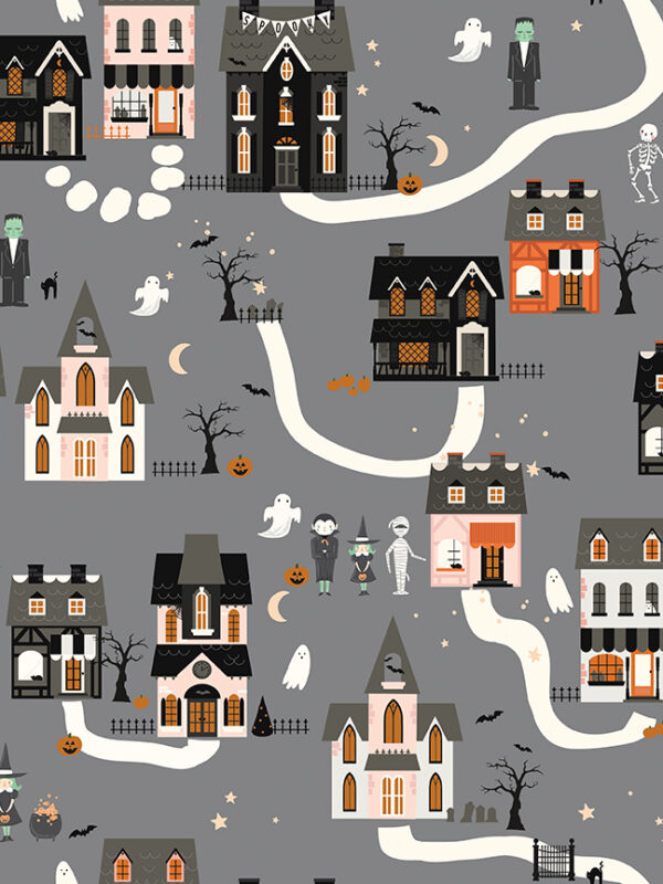 Frank and Friends Houses Gray fabric with Halloween village houses ghosts bats and pumpkins