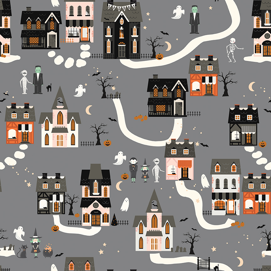 Frank and Friends Houses Gray fabric with Halloween village houses ghosts bats and pumpkins