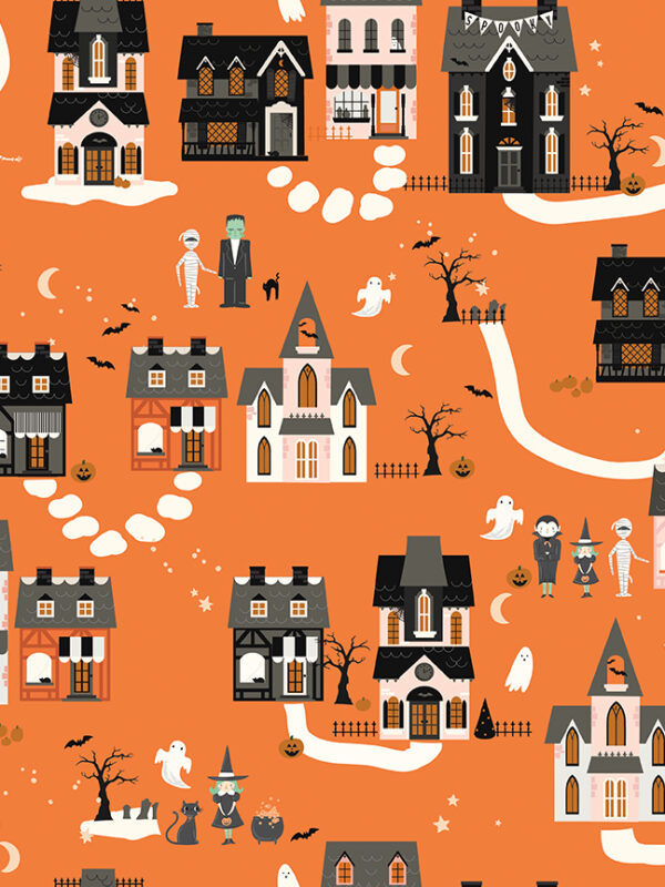 Frank and Friends Houses Orange fabric with Halloween village houses ghosts bats and pumpkins
