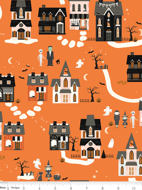 Frank and Friends Houses Orange fabric with Halloween village houses ghosts bats and pumpkins