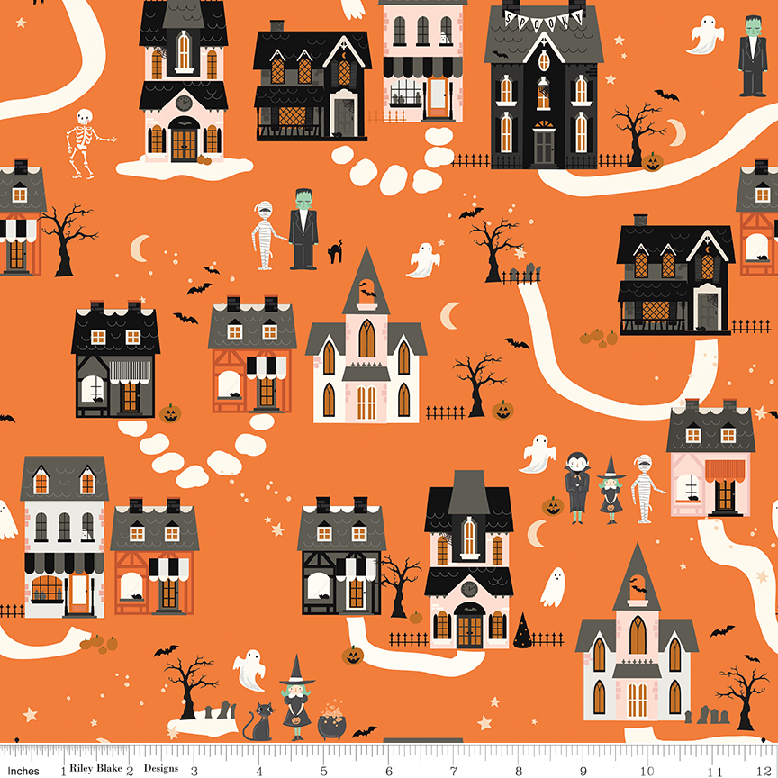 Frank and Friends Houses Orange fabric with Halloween village houses ghosts bats and pumpkins