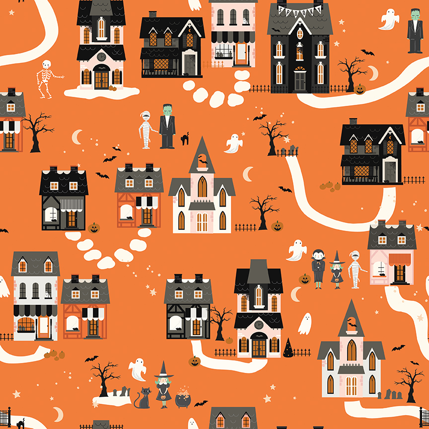 Frank and Friends Houses Orange fabric with Halloween village houses ghosts bats and pumpkins