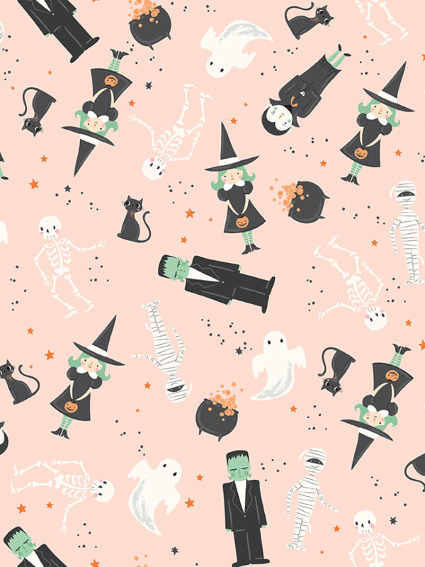 Frank and Friends Main Pink fabric with Halloween characters ghosts witches cats and monsters