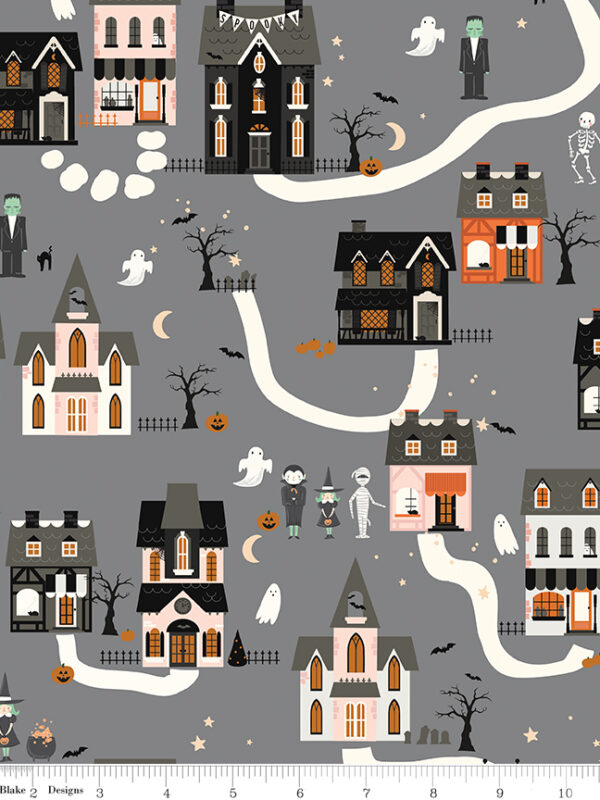 Frank and Friends Houses Gray fabric with Halloween village houses ghosts bats and pumpkins