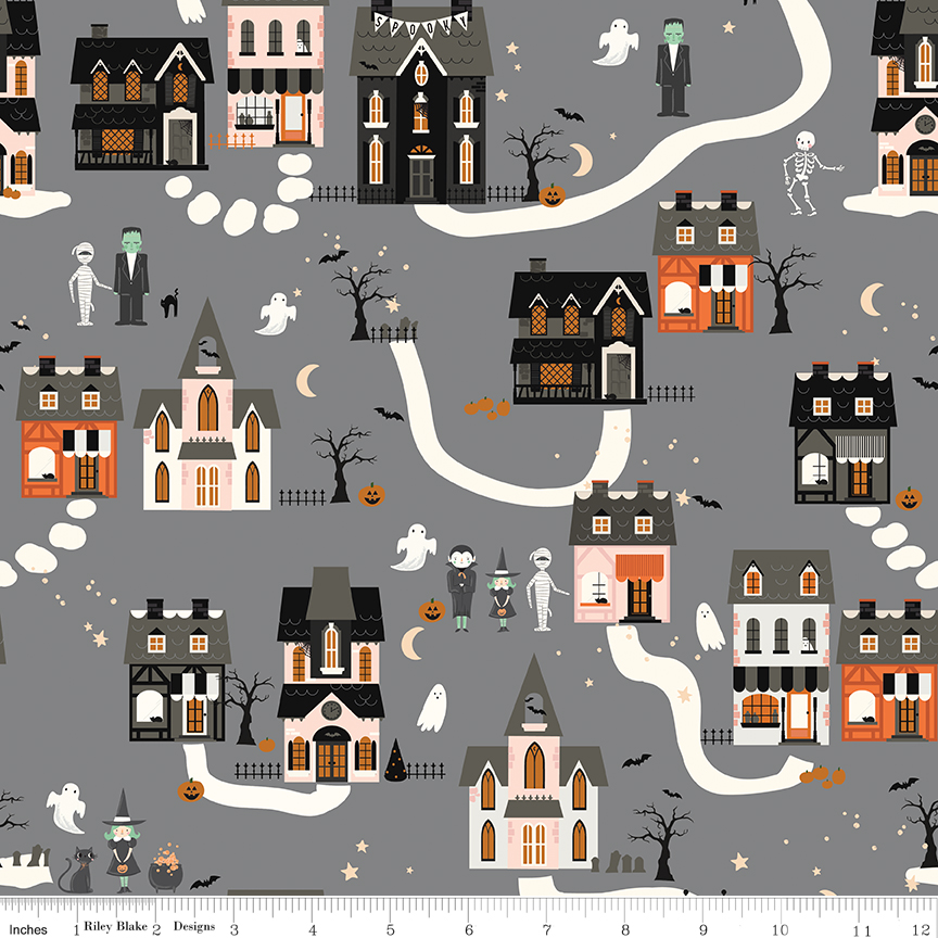 Frank and Friends Houses Gray fabric with Halloween village houses ghosts bats and pumpkins