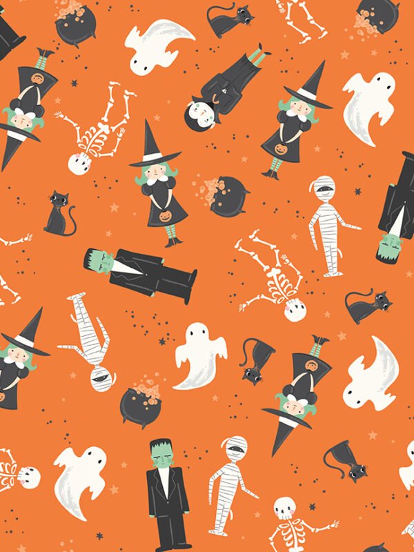 Frank and Friends Main Orange fabric with Halloween characters ghosts witches cats and monsters