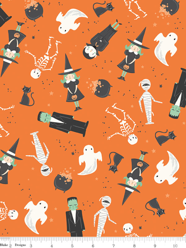 Frank and Friends Main Orange fabric with Halloween characters ghosts witches cats and monsters