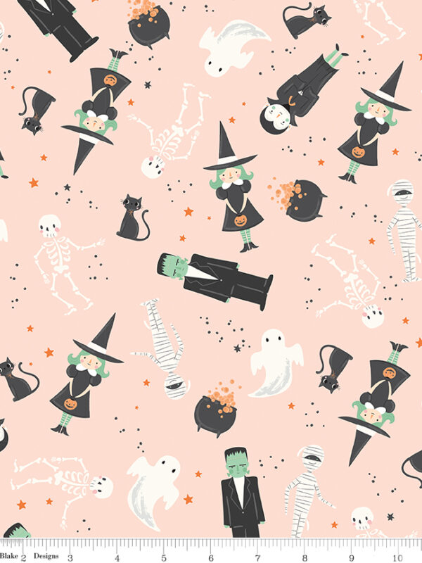 Frank and Friends Main Pink fabric with Halloween characters ghosts witches cats and monsters