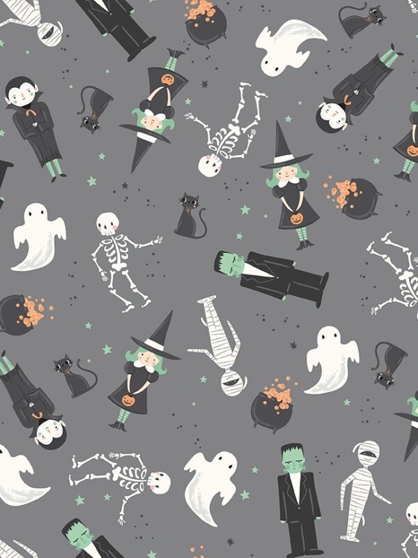Frank and Friends Main Gray fabric with Halloween characters ghosts witches cats and monsters