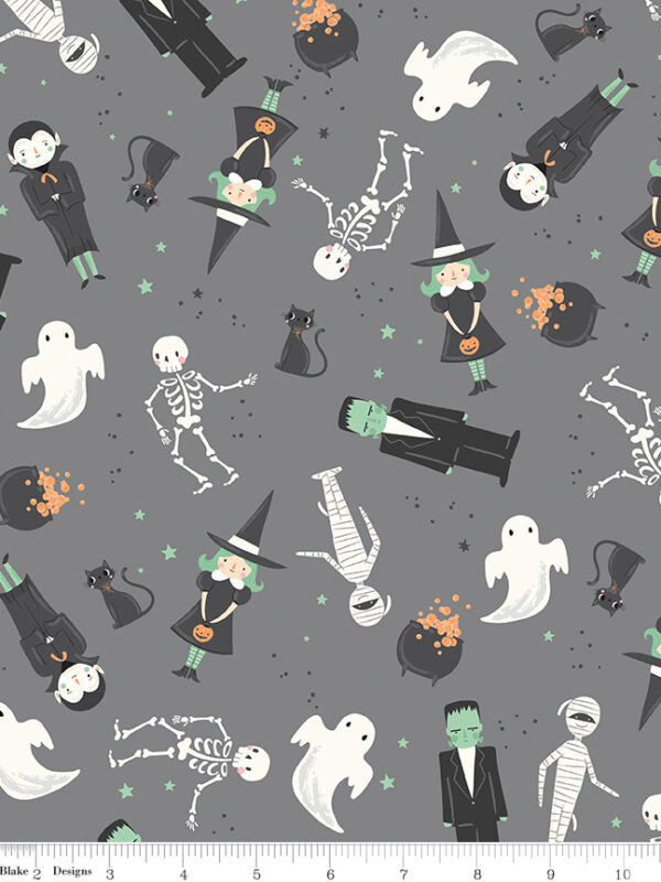 Frank and Friends Main Gray fabric with Halloween characters ghosts witches cats and monsters
