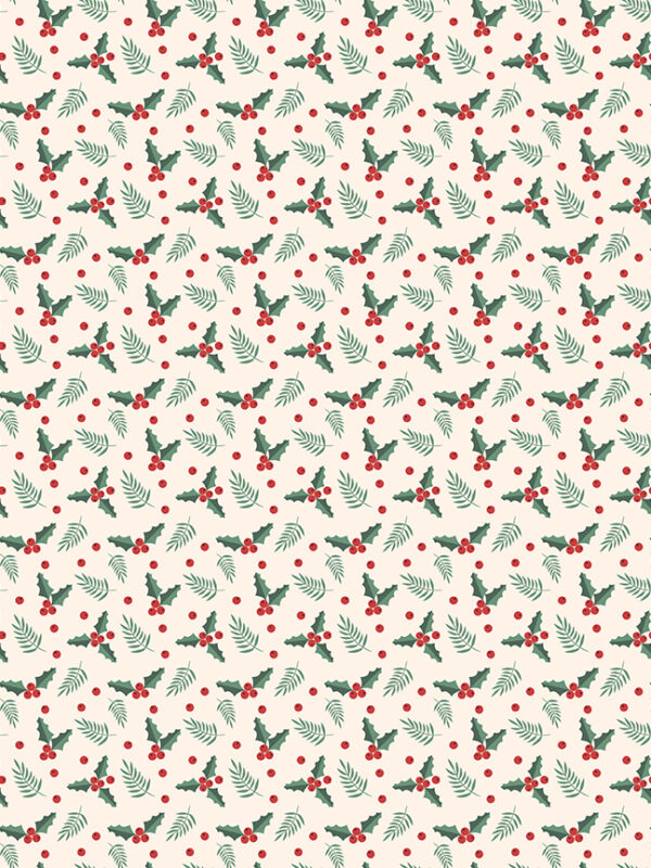 Evergreen Wishes Holly Berries Cream fabric with holly leaves and berries on light background