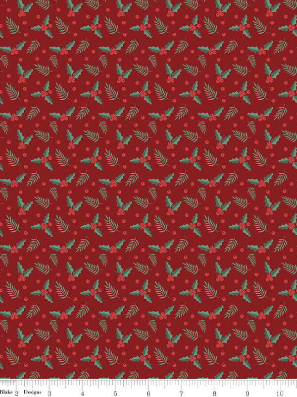 Evergreen Wishes Holly Berries Red fabric with holly leaves and berries