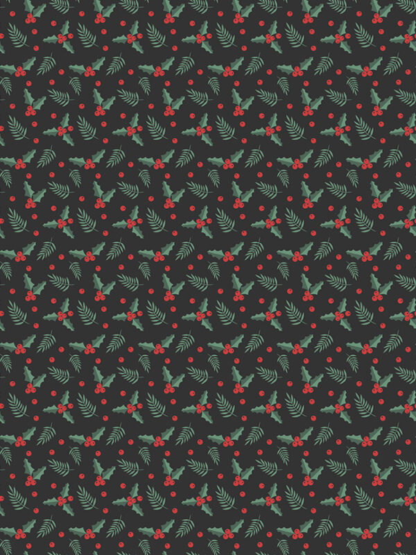 Evergreen Wishes Holly Berries Black fabric with holly leaves and berries on dark background