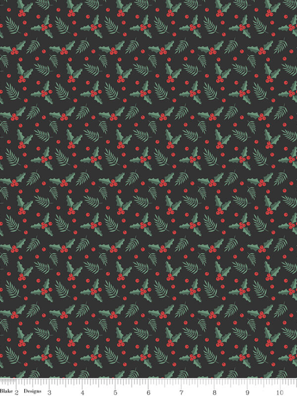 Evergreen Wishes Holly Berries Black fabric with holly leaves and berries on dark background
