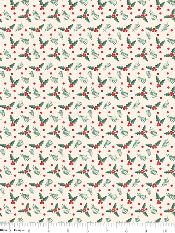 Evergreen Wishes Holly Berries Cream fabric with holly leaves and berries on light background