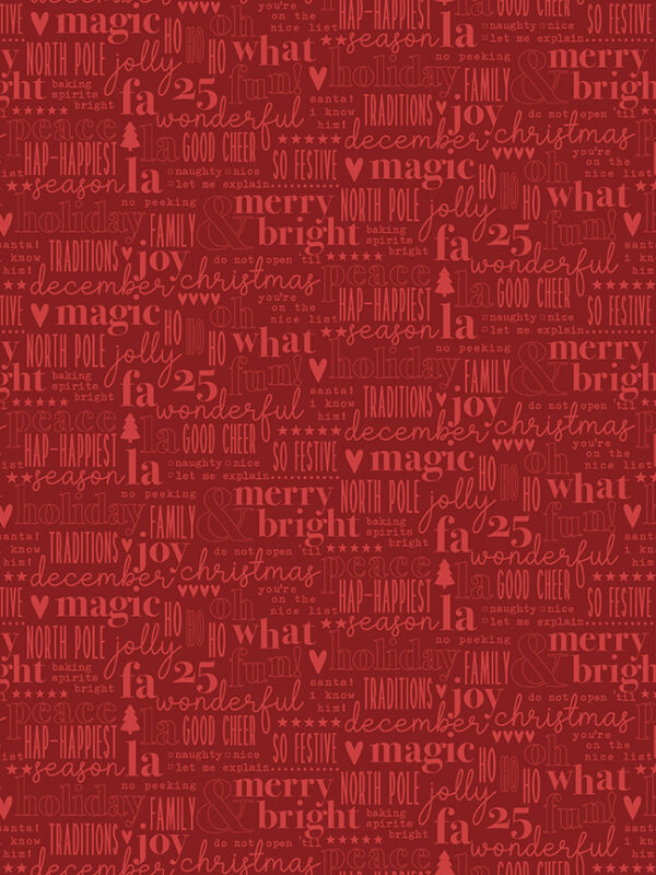 Evergreen Wishes Text Red fabric with Christmas words and icons