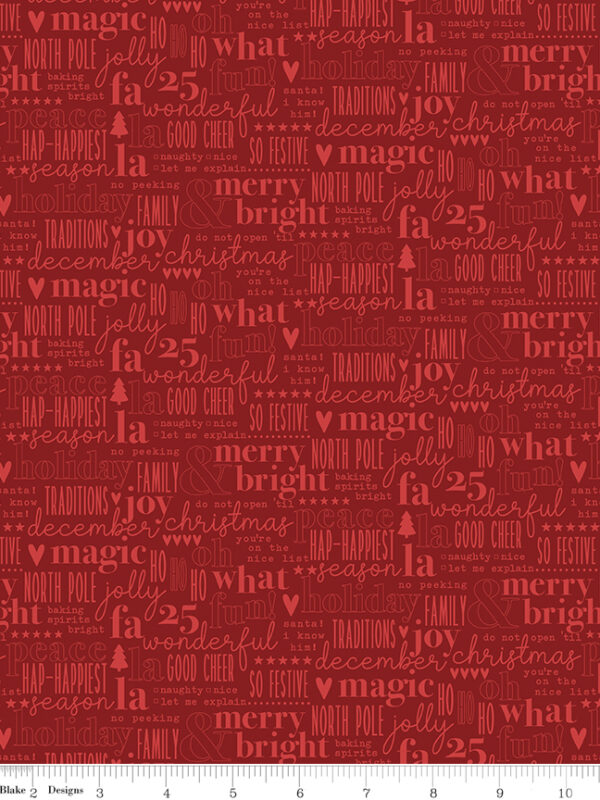Evergreen Wishes Text Red fabric with Christmas words and icons