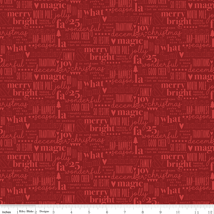 Evergreen Wishes Text Red fabric with Christmas words and icons