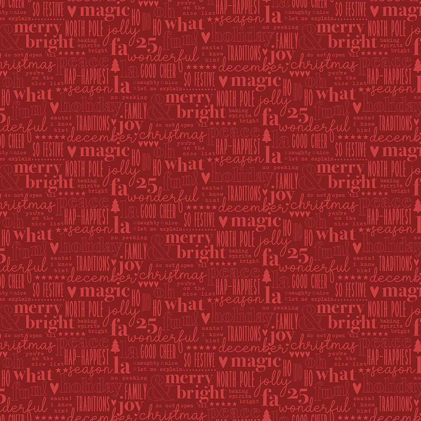 Evergreen Wishes Text Red fabric with Christmas words and icons