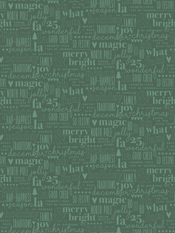 Evergreen Wishes Text Green fabric with Christmas words and icons