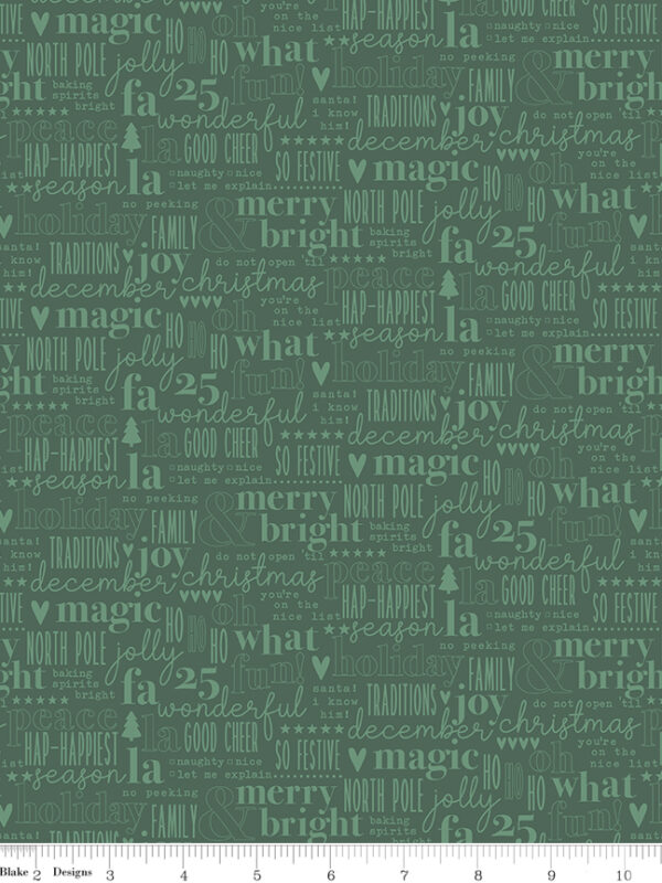 Evergreen Wishes Text Green fabric with Christmas words and icons