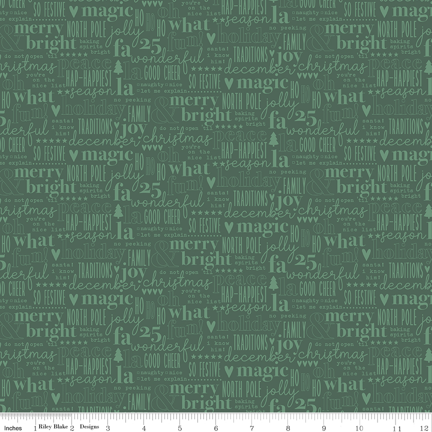 Evergreen Wishes Text Green fabric with Christmas words and icons