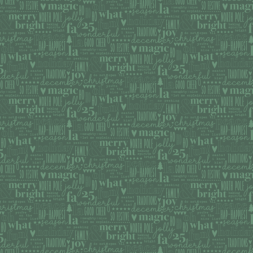 Evergreen Wishes Text Green fabric with Christmas words and icons