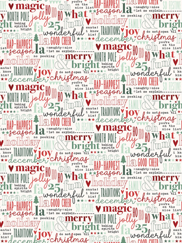 Evergreen Wishes Text Cream fabric with Christmas words and icons on light background
