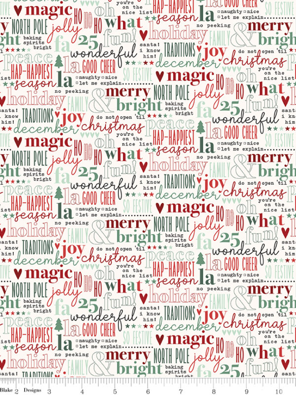 Evergreen Wishes Text Cream fabric with Christmas words and icons on light background