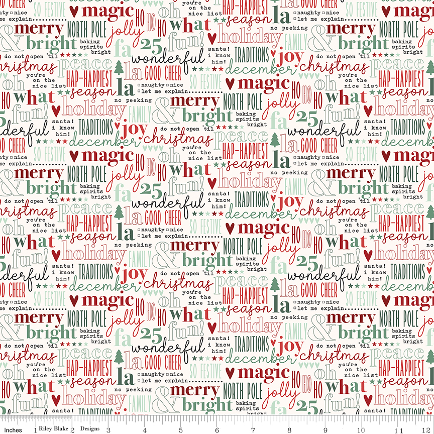 Evergreen Wishes Text Cream fabric with Christmas words and icons on light background