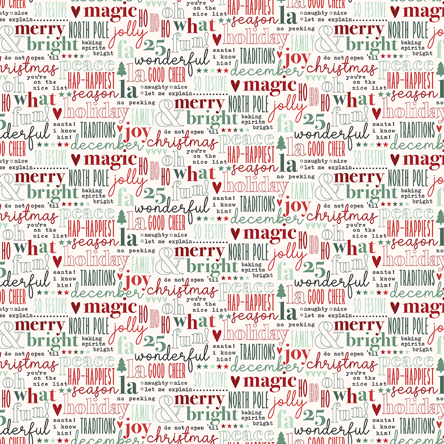 Evergreen Wishes Text Cream fabric with Christmas words and icons on light background