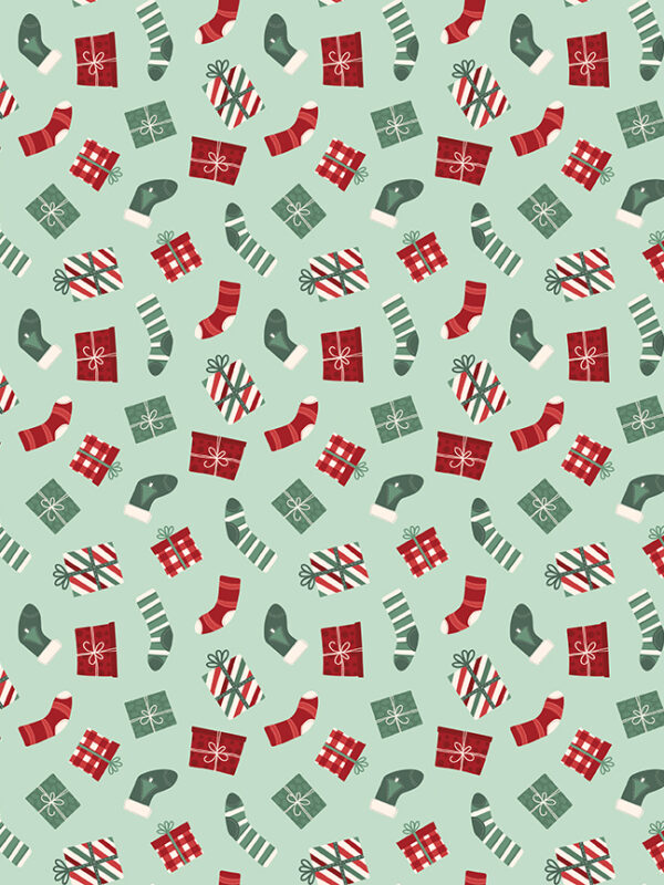 Evergreen Wishes Stockings and Gifts Mint fabric with stockings and wrapped presents