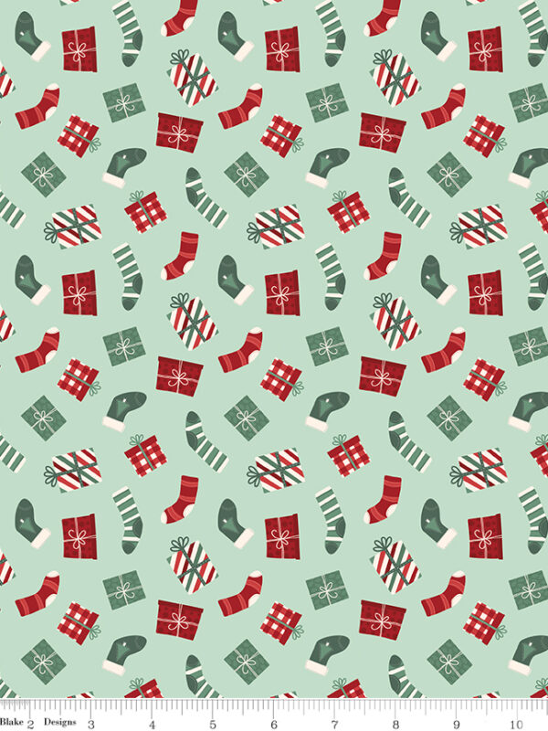 Evergreen Wishes Stockings and Gifts Mint fabric with stockings and wrapped presents