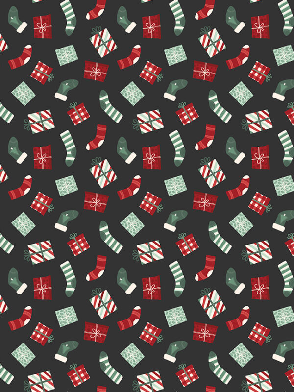 Evergreen Wishes Stockings and Gifts Black fabric with stockings and wrapped presents on dark background