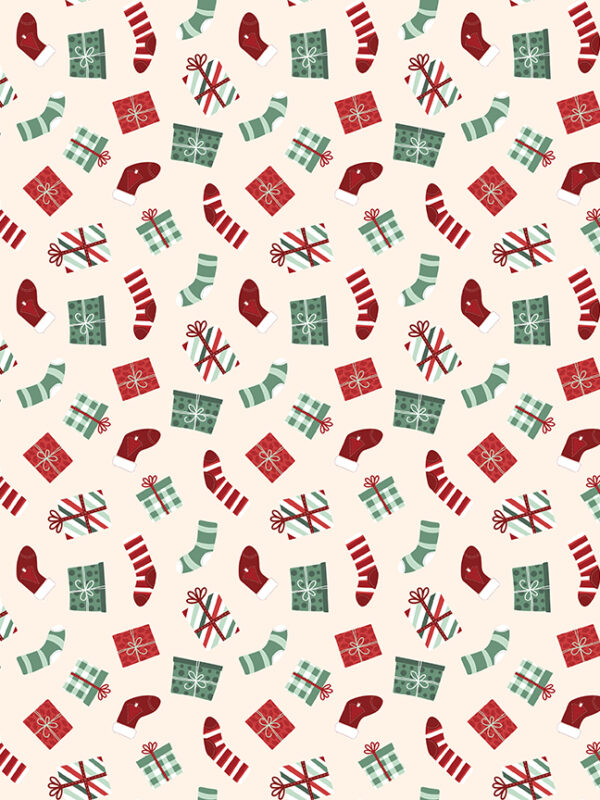 Evergreen Wishes Stockings and Gifts Cream fabric with stockings and wrapped presents on light background