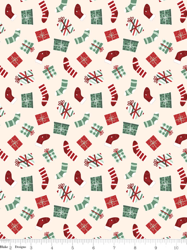 Evergreen Wishes Stockings and Gifts Cream fabric with stockings and wrapped presents on light background