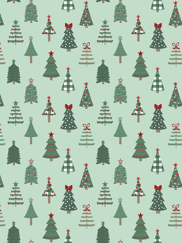 Evergreen Wishes Trees Mint fabric with decorated Christmas trees