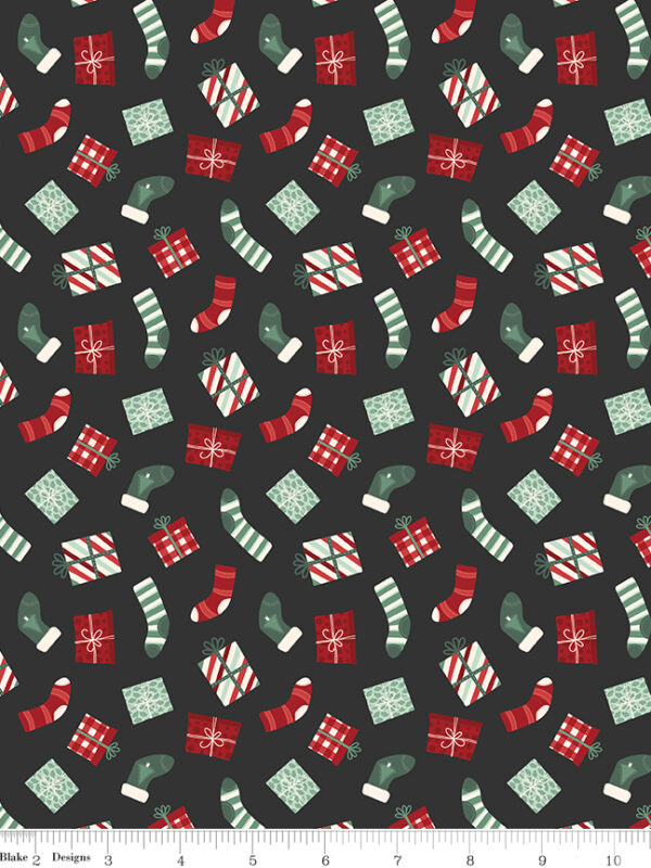 Evergreen Wishes Stockings and Gifts Black fabric with stockings and wrapped presents on dark background