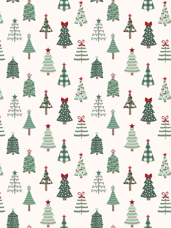 Evergreen Wishes Trees Cream fabric with decorated Christmas trees on light background