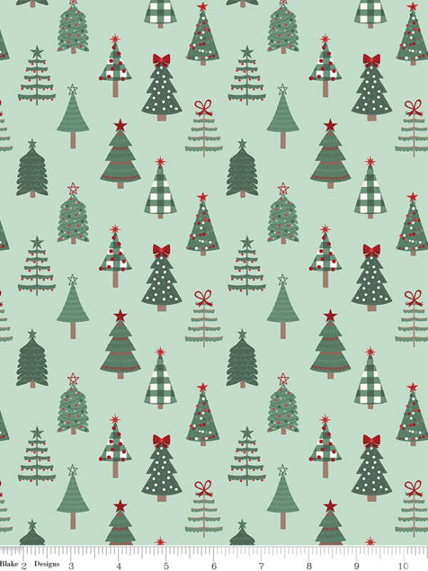 Evergreen Wishes Trees Mint fabric with decorated Christmas trees