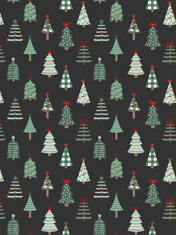 Evergreen Wishes Trees Black fabric with decorated Christmas trees on dark background